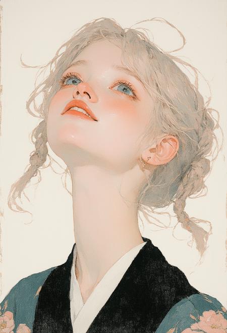 A cherubic 25 year old woman with windblown ash-blonde pigtails and blunt bangs obscuring her brows gazes warmly from an intimate, upward angle, her coral lips parted in a shy, blushing smile. Rendered in oil’s lush impasto with Yoshitomo Nara’s tender whimsy and Monet’s hazy pastels—blush pinks bleed into powder blues across her velveteen cheeks. Diffused light caresses stray gilt hairs framing azure eyes, while faint indigo ink rivulets seep through the ivory backdrop like forgotten whispers, contrasting the crisp black serafuku’s matte folds. Every brushstroke hums with guileless magnetism.