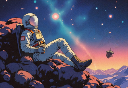 A retro anime-style illustration of a dreamy astronaut reclining on a floating asteroid in space. The character wears a vintage-style spacesuit and gazes at a glowing nebula filled with vibrant blues, pinks, and purples. Small, glowing alien creatures hover near them, creating a whimsical yet serene feeling in the vastness of space. A worn-out cassette player floats beside them, playing a nostalgic ballad. Scattered debris from a long-forgotten starship drifts quietly in the distance.
