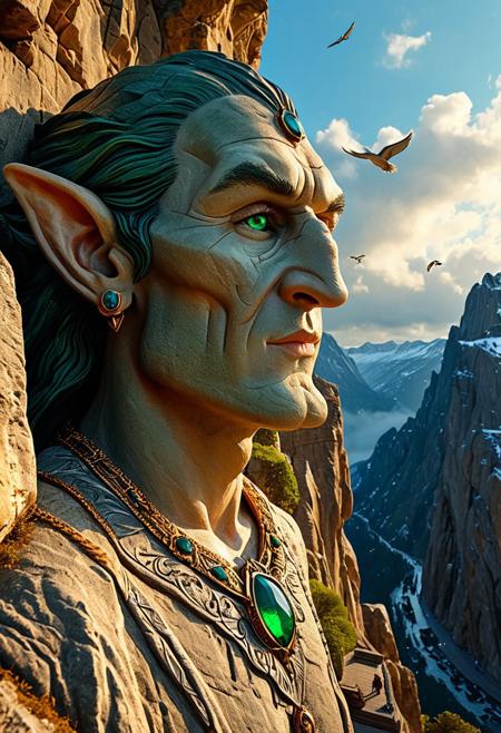 masterpiece, best quality, ultra-detailed, hyper realistic, cinematic fantasy illustration, epic composition, wide landscape view, 32k resolution, rich textures, atmospheric lighting, dramatic sky,
a colossal stone carving of a man's face sculpted into a mountainside, in the style of Mount Rushmore, but the face has exaggeratedly handsome features: ultra-chiseled jawline, smooth perfect skin, strong cheekbones, a confident smirk, pronounced lips, and bold, elegant green gemstone eyes carved into the rock, resembling “Handsome Squidward” with fantasy elf aesthetics,
the statue's hair is long, flowing, and windswept, sculpted in graceful arcs down the stone cliff, detailed facial structure and heroic proportions,
tiny figures at the base show the massive scale, with birds flying around the sculpture’s brows and cliffs, mountain mist and sunlight filtering through clouds, majestic and surreal atmosphere,
(fantasy world, awe-inspiring, majestic ego monument, elven pride, humor-infused epic tone)