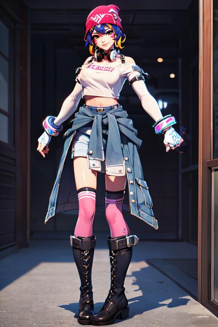 1girl, solo, Kiriko LeSserafim, short hair, brown eyes, multicolored hair, blue hair, yellow lock of hair, bangs, pink headwear, hair between eyes, off-shoulder shirt, gloves, white gloves, fingerless gloves, hoop earrings, shirt, headphones around neck, thighhigh, torn clothes, uneven legwear, lace-up boots, boots, jacket around waist, full body, denim, knee boots, thighhighs, breasts, headphones, black footwear, standing, jewelry, looking at viewer, bracelet, midriff, navel, crop top, cross-laced footwear single kneehigh, smile, earrings, jewelry, hat, looking at viewer, white shirt, makeup, facepaint, facial mark, detached sleeves, lips, indoors, japanese house,   <lora:Kiriko_Le Sserafim-000009:1>