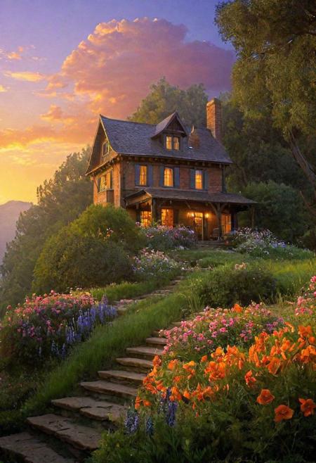 valley, a fabulous house in the shade of trees and flowers, matte painting, highly detailed, dynamic lighting, cinematic, realism, realistic, photo real, sunset, detailed, high contrast, denoised, centered, michael whelan