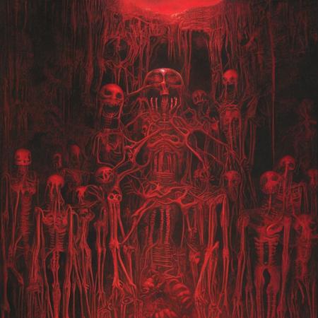 An illustration in the style of BeksiÅski and Giger of an underground cavern with bio-mechanical roots and eerie skeletal figures all bathed in a deep crimson glow