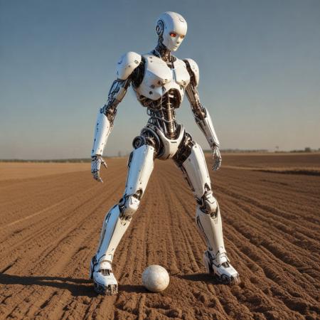 qu4ntum, Zoom out image, full body image, female robo android, glowinfg flash eyes, fully clothed, human clothes, she pressing ball in soil by her foot, high heels, ball going in soil, deformed ball submerging in soil