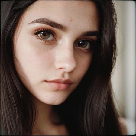 Close-up of a beautiful 21 year Old girl with (long straight hair), diamond shaped face, snub nose, brown hair, dark eyes, hair over eyes, matte skin,  shot on polaroid , available light