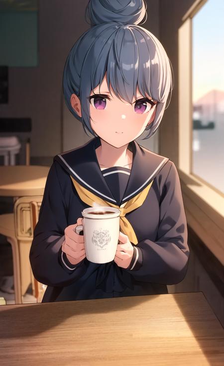 masterpiece, best quality, ultra-detailed, illustration, <lora:ShimaRin:1>, blue hair, bangs, topknot hair bun, purple eyes, long_sleeves, school_uniform, necktie, yellow serafuku, yellow sweater, neckerchief, skirt, black pantyhose,  white sailortie, looking at viewer, straight on,  holding cup, coffee, cafe, wooden table, wooden chair, wooden floor, dramatic shadows, windows, sunset,