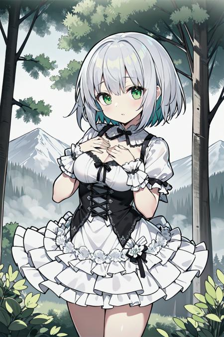 masterpiece, best quality, petite, 
short hair, silver hair, green eyes, [dress | crop top], frills, large breasts, hand on own chest, 
forest, mountain,