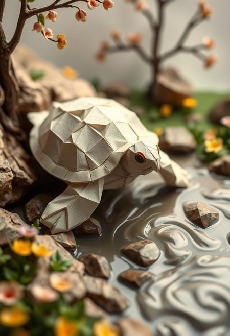 "Hyper-realistic, intricately detailed depiction of a serene origami turtle, crafted from delicate, folded paper, sitting beside a gentle, babbling brook. The turtle's shell, made from intricately folded origami squares, glistens with a soft, paper-like texture, while its eyes, created from tiny, folded paper dots, seem to gaze out at the peaceful scene. The brook, also crafted from origami, flows with delicate, paper-like ripples, its gentle song filling the air. The surrounding landscape, including the trees, rocks, and flowers, is all made from origami, creating a breathtakingly detailed and realistic scene. Style: hyper-realistic, highly detailed, and richly textured, with a focus on capturing the intricate, paper-like beauty of the origami turtle and its surroundings."