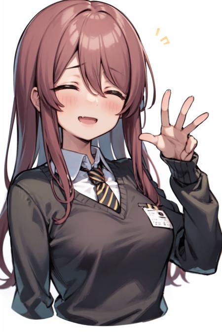 <lora:osaki tenka:1>, osaki tenka, medium breasts, 1girl, long hair, brown hair, yellow eyes, closed eyes, necktie, long hair, smile, blush, osaki amana, upper body, school uniform, simple background, sweater, open mouth, cropped torso, white background, bangs, shirt, facing viewer, hair between eyes, collared shirt, ^_^, striped necktie, striped