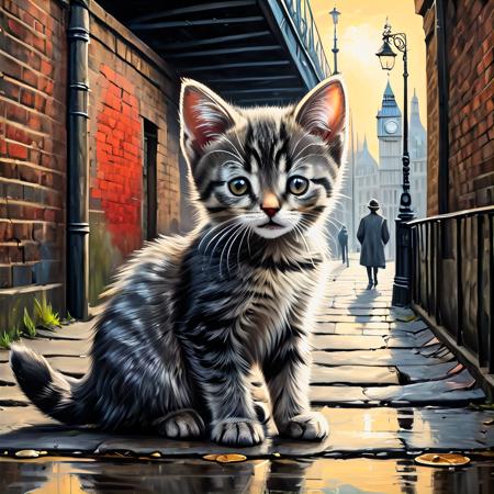 oil vintage painting of a striped gray kitten in london street under the bridge,  <lora:Jussi_the_neural_cat-000006:0.85>, (jussi:0.79), high resolution, 4k, UHD, masterpiece,  view of old london town, vibrant colors, lofi style