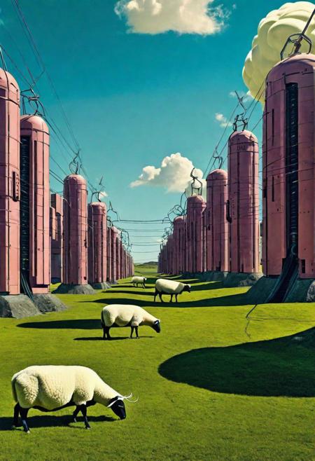 style of Giorgio de Chirico, a futuristic digital painting of an android dreaming amidst a surreal landscape of electric sheep, inspired by the works of Philip K. Dick, cybernetic elements, and a dreamy atmosphere  testp  ar 4:5  upbeta