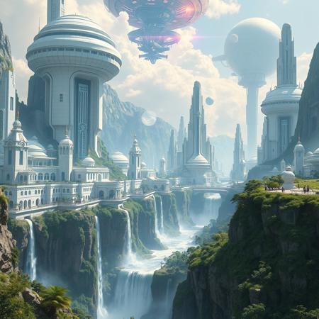 epic scifi landscape, futuristic scifi cityscape, scifi utopia, white buildings, vegetation, waterfalls, megastructure, space station, nebulae,