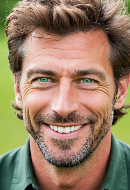 man, male, AndrwTggrt, face shot, 42 years old, looking at viewer, handsome, beautiful, attractive,  green eyes, brown hair, smile