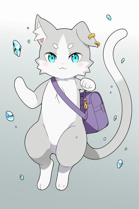 cat,Humanoid posture,cat creature,solo,aqua eyes,Long tail,grey tail,white tail,Leaf-like markings,cat ear earrings,Curly hair tuft,white cat hand,white cat feet,white eyebrows,grey cat body,