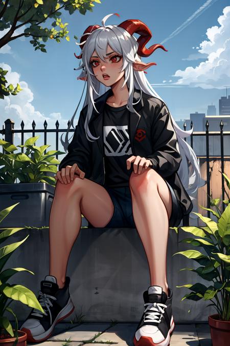 masterpiece, best quality, thedemongirl, tan shirt, black jacket, sneakers, streching, tired, backyard <lora:thedemongirl-nvwls-v3:0.9>