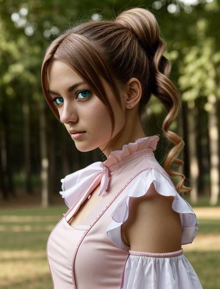 best quality, masterpiece, highres, detailed, realistic, cosplay, <lora:Detail - add_detail:0.2>, EcarlateJSP, pink dress, white sleeves, green eyes, drill hair, ponytail,  <lora:Character - EcarlateJSP-10:0.6>