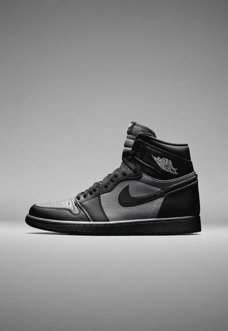Nike advertising photo showing a solid Dark Gray background and Futuristic Looking Black and white Jordan 1 Shoe in the middle, the shoe overlaps The Nike logo in the background