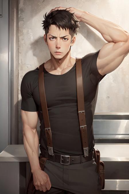 (masterpiece, best quality:1.2), <lora:fireforce_oubi-11:1>, cowboy shot, solo, male focus, 1boy, obi akitaru, expressionless, closed mouth, looking at viewer, black shirt, suspenders, pants