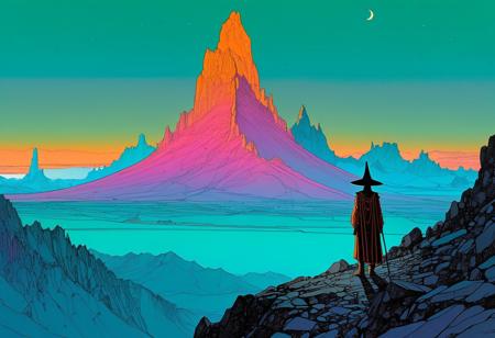 <lora:Moebius_Diffusion.safetensors:1.0>, A dramatic mountain range with jagged peaks and a distant ancient temple glowing with orange and teal, a shadowy tall figure with a large hat standing near the peak, grey and glowing magenta, the glowing temple peaks, in the style of Jean Giraud, in the style of Moebius,