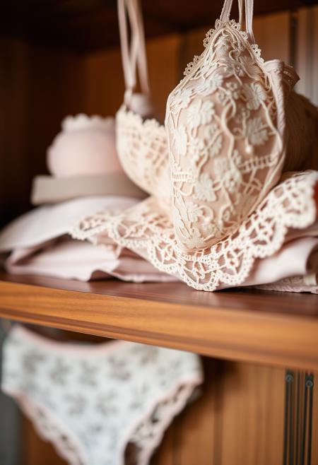 A close-up shot of an open shelf displaying delicate, feminine lace lingerie. The shelf is made of polished wood, and the lingerie is neatly folded, with intricate lace patterns visible in fine detail. Soft, natural lighting highlights the textures and craftsmanship of the fabric, creating a warm and intimate atmosphere. The focus is on the lingerie, with the background slightly blurred to draw attention to the elegant, intricate design of the lace.