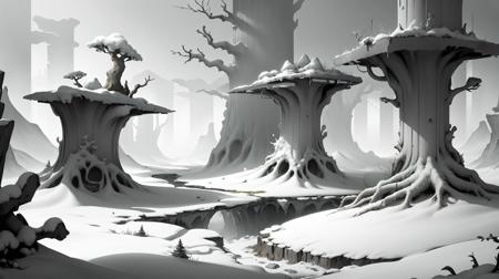 <lora:WhiteboxStyle:0.5> WhiteboxStyle Drunken Forest, Permafrost terrain with slanted trees, a surreal landscape under a cold sky  platform level monochrome