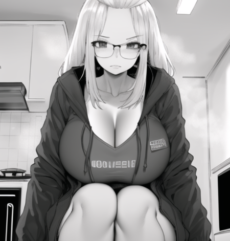 beautiful, masterpiece, best quality, extremely detailed face,  perfect lighting, 1girl, solo, norman maggot,  <lora:Norman Maggot:1>, bangs pinned back, breasts, cleavage, collarbone, cup, feet out of frame, folded hair, forehead, glasses, greyscale, hair pulled back, hands in pockets, hood, hood down, hooded jacket, hoodie, huge breasts, indoors, jacket, kitchen, large breasts, long hair, looking at viewer, monochrome, mug, solo, standing, steam, stove, thighs