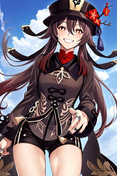 takehiko style, best quality,hu_tao_(genshin_impact),1girl, solo, smile, brown hair, shorts, hat, symbol-shaped pupils, ring, jewelry, twintails, long hair, looking at viewer, flower, outdoors, red eyes, sky, long sleeves, black shorts, grin, black headwear, black nails, hat flower, day, blush, short shorts, blue sky, tassel, flower-shaped pupils, nail polish, bangs, very long hair, cowboy shot, multiple rings, chinese clothes, shirt, hair between eyes, plum blossoms, cloud, thighs, coattails, red flower, red shirt