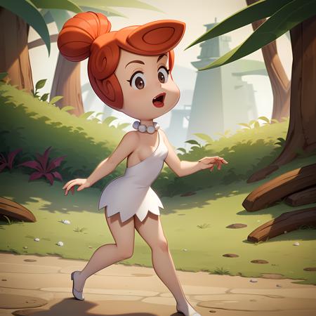 ((masterpiece, best quality)),(complex lighting) ,full body, solo, wilma flintstone, red hair, ponytail, <lora:Wilma_Flintstone1:0.8>,white dress, pearl necklace, lipstick, running, forest,