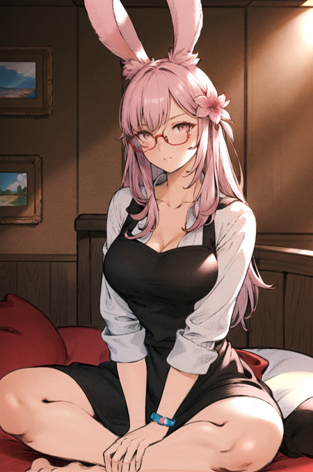 kuroimori, 1girl, animal ears, apron, between legs, bracelet, breasts, cleavage, flower, glasses, hair flower, hair ornament, hand between legs, indian style, jewelry, pink eyes, pink hair, rabbit ears, red-framed eyewear, sitting, sleeves rolled up, solo, unbuttoned, unbuttoned shirt, viera, ((masterpiece)) , ((pencil marks)) <lora:kuroimori_offset:1>