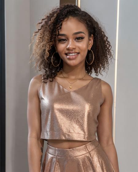 RAW photo, studio lighting,closeup portrait, <lora:ScandalScarlR:.9> sscarlitscandal, 1girl, looking at viewer, afro, dark skin, (seductive pose), smile, teeth, jewelry, earrings, crop top, skirt, 8k uhd, dslr, soft lighting, high quality