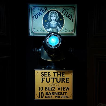Tower viewer, a coin operated stereo telescope in closed dark room with sign decorated with image of a female oracle holding crystal ball and text "SEE THE FUTURE" and "10 BUZZ PER VIEW"