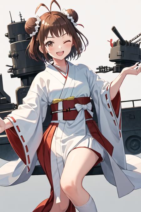 best quality, masterpiece, highres, solo, {white kimono:1.35}, {red hakama:1.35}, {wide sleeves:1.20}, {naka_kantaicollection:1.15}, double_bun, hair_bun, brown_hair, short_hair, antenna_hair, brown_eyes, smile, serafuku, open_mouth, one_eye_closed