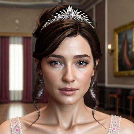(8K, Masterpiece, best quality, highres, high resolution:2), [amber heard: 0.5], (young lady: 2.0), cute, brown hair, tiara, (beautiful face, small nose, pink lips, mascara, eyelashes, small blue eyes: 1.3), straight posture, (royal palace hall), chandelier, (giant mirror in background, big red curtains:1), close up photo, (ultra realistic illustration, hyperrealistic, unreal engine:1.5), pixabay, 4k, realism, realism pushed to extreme