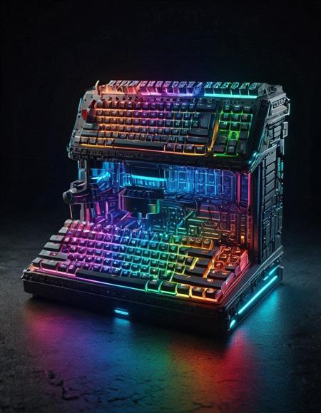 rgb keyboard, futuristic design, translucent materials, glowing circuitry, abstract background, energy particles, sci-fi aesthetic, volumetric lighting, detailed surface, smooth gradients <lora:RGB_Keyboard_themed:1>