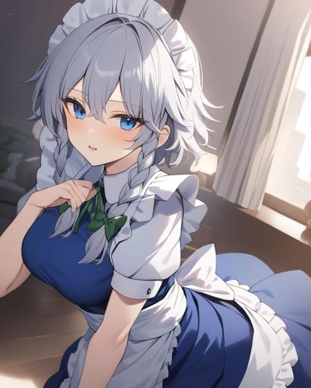 masterpiece,best quality,<lora:dongfangv1-000008:1>,sakuya_touhou, izayoi_sakuya_touhou, 1girl, blue_dress, puffy_short_sleeves, waist_apron, white_apron, maid_apron