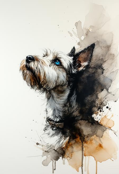 Ink art, watercolour sketch: Extreme low-angle, scruffy ink-stained terrier yearning upward. Hopeful cerulean blue eyes, focal point, gaze into parchment-textured void, subtle watercolour washes. Arthur Rackham's intricate ink, Egon Schiele's expressive contours; delicate cross-hatching, bleeding washes. Monochromatic sepia, charcoal. Subtle chiaroscuro on rough fibrous paper. Poignant longing; faint ink splatters, abstract watercolour wisps hint at unseen sky.