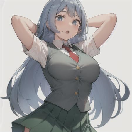 nejire hado, 1girl, solo, long hair, breasts, looking at viewer, open mouth, blue eyes, skirt, large breasts, simple background, shirt, white background, school uniform, blue hair, white shirt, short sleeves, thighs, necktie, teeth, collared shirt, vest, arm up, thick thighs, red necktie, green skirt, arm behind head, u.a. school uniform <lora:NejireHadoLoRA-10:0.5>