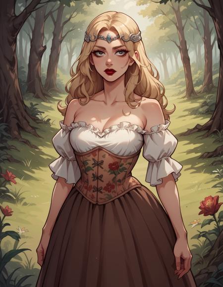 hud_forest_fairy_dress, white and brown dress, puffy sleeves, brown brocade floral corset, silver circlet, bare shoulders cross laced