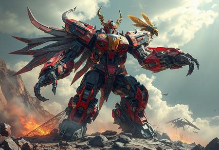 epic details, full body"Create a high-quality, dynamic 4K artwork of a Chaos King Archfiend robot on a Gravity Collapse, a full body portrait of a zentaur, and a full body red mech in the style of guo hua. Include massive construction machines and an epic, intricate abstract upper body. Merge Akira and Bumblebee in a transforming figurine in the background. Implement vivid colors, stunning details, and a harmonious composition. Aim for a trending, award-winning piece on Artstation, inspired by Makoto Shinkai, Stanley Artgerm Lau, and other top artists."