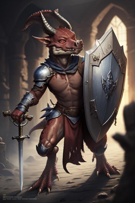 masterpiece, best quality, short knight Kobold, snout, horns, claws, tail, red skin, scales, sword <lora:KoboldsDND-9:1>, shield, armor,