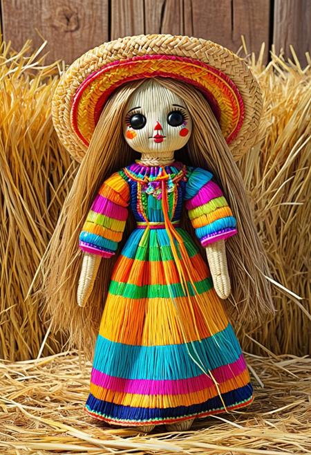straw threads, hay, <lora:Straw_thread:0.7> (colorful Mexican Doll), (made of colorful straw:), (rustic:0.9), elaborate, (ultra realistic:1.3), summer background, filled with straw