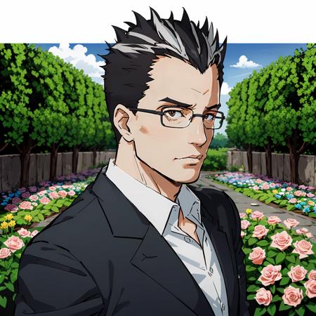 masterpiece,high quality,solo,garden,rose,
<lora:Ojisan001:0.7>,looking at viewer,
Ojisan,1oldman,
streaked hair,hair slicked back,short hair,spiked hair,two-tone hair,multicolored hair,black hair,white hair,brown eyes,
glasses,
formal,suit,shirt,