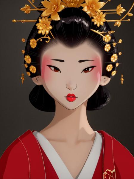 Akemi,  1girl,solo,looking at viewer,black hair,hair ornament,brown eyes,flower,makeup,lipstick,black background,portrait,red lips  <lora:BlueEyeSamurai:1>