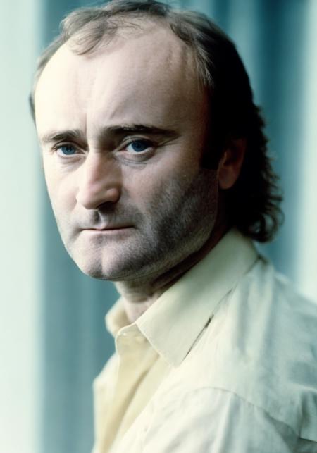 Phil Collins, (sharp focus:1.2), portrait of a man 1980s, (handsome:1.1), detailed facial features, wearing (casual clothing:1.2), sitting in a (comfortable chair:1.2), with (natural lighting:1.2) coming through the window, (depth of field:1.2), (bokeh:1.2), 4K, HDR. by (Annie Leibovitz:1.2|Ellen von Unwerth:1.1)