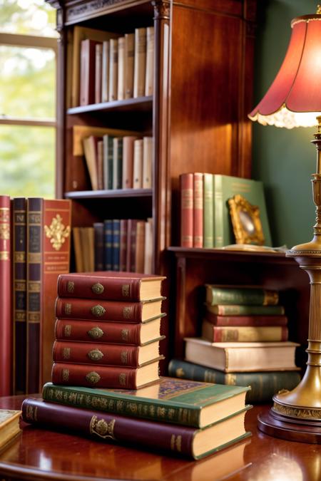 elegant victorian home library desk with books Clutter-Home, (masterpiece:1.2) (photorealistic:1.2) (bokeh) (best quality) (detailed skin:1.3) (intricate details) (8k) (HDR) (analog film) (canon d5) (cinematic lighting) (sharp focus)