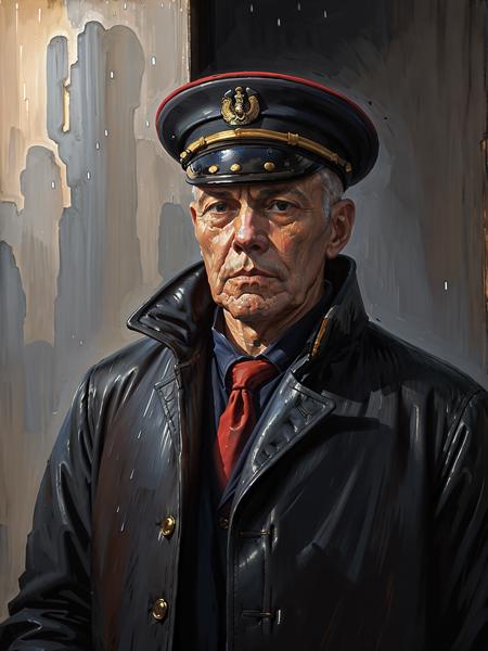 a painting (((in style of lumispot))) of a WW2 naval captain under the rain wearing a raincoat, <lora:lumispot_merge_2:0.8>