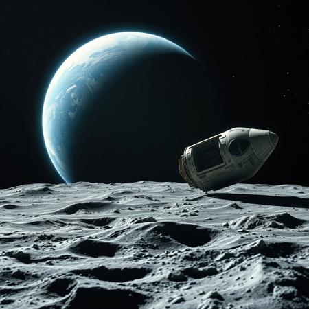 Crashed spaceship in space A slow camera tilt reveals Earth rising majestically above the stark, crater-filled lunar horizon as the view transitions from the desolate gray moonscape in the foreground to the brilliant blue marble of our home planet glowing against the star-filled black void of space. .