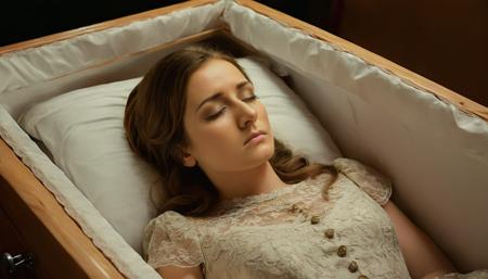 stunning raw photograph, studio photograph, dslr, uhd, shot with Canon, solo, realistic, perfect face, woman lying in wooden coffin, eyes closed, pretty dress, quiet dignity  <lora:womanincoffinxl-000007:0.9>  <lora:bignosebeautyxl1:1> beautiful big nose woman