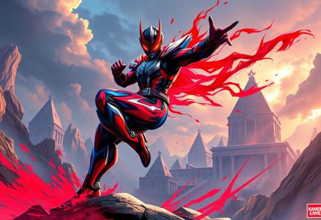 A vibrant and energetic digital illustration in a dynamic fantasy style depicting the Fiendish Rhino Warrior from Kamen Rider in a dynamic action pose, balanced precariously on one leg with the other bent at the knee. The figure explodes with stunning, harmonious, multi colored shades of red and blue, accentuated by sharp, graphic black lines and accents. The black helmet is stylized with bold red and blue accents. The background is the Temple of the Mind's Eye, rendered as a beautiful matte painting with contemporary aesthetics, serving as an attractive background that makes the figure pop. The style incorporates Sharp Lines and Brush Strokes with handcrafted precision. Captivating Lighting enhances the form and pose. The overall image feels like a splash ink illustration with a Grammer Effect Style, inspired by the bold forms of Raphael Style and the complex energy of Houdini Style. This is High Quality, 4K, Exceptional Quality, More Detail, with an Impeccable Composition from a Creative Angle. It aims for Vivid Emotions and a Powerful Message, delivering Joyful Impact. Trending on CGSociety and ArtstationHQ. Utilizing the Golden Ratio.