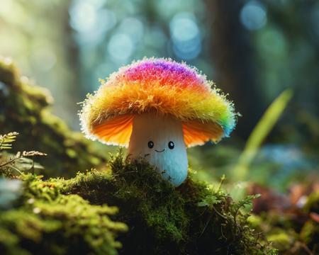 A photo of a rainbow colored smiling fluffy cute mushroom-boy on a moss covered branch, backlit, translucent, glow hyper realistic, natural soft rim light, cinematic lighting, concept art by arti stincent<lora:add-detail-xl:1> <lora:MJ52:0.5>