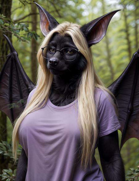 (head shot), forest setting, solo,
BREAK, 20 years old, (anthro bat:1.3), woman, slightly chubby, ((black fur:1.2), realistic fur, fur over body, detailed fur texture:1.2), long blonde hair, flowing hairstyle, grey eyes, (wearing glasses, wearing a (purple t-shirt)), (winged_arms), large breasts